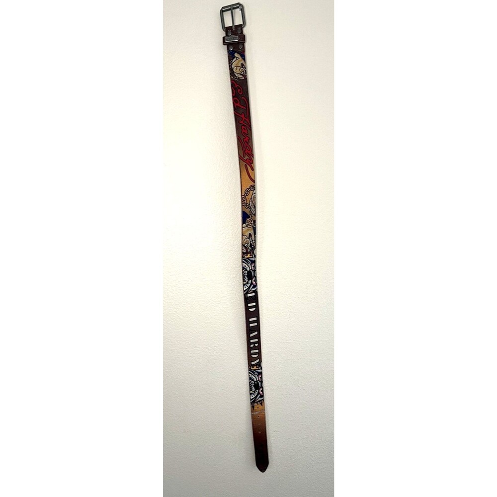 Ed Hardy Leather Belt Skull Tattoo Graphic Brown Distressed Buckle Y2K medium